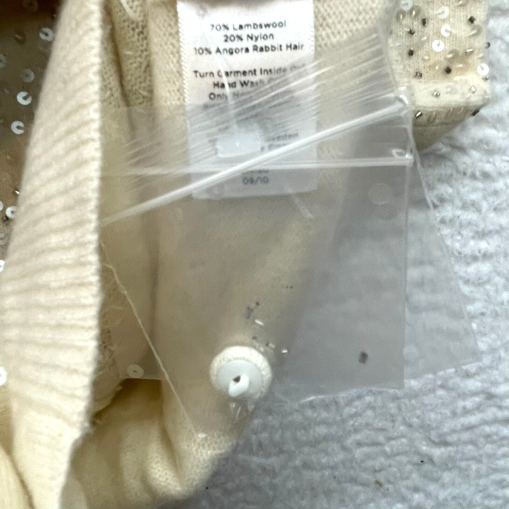 Talbots Cardigan Womens Medium Cream Petite Lambswool Sequin Button Up Rabbit - Picture 7 of 10